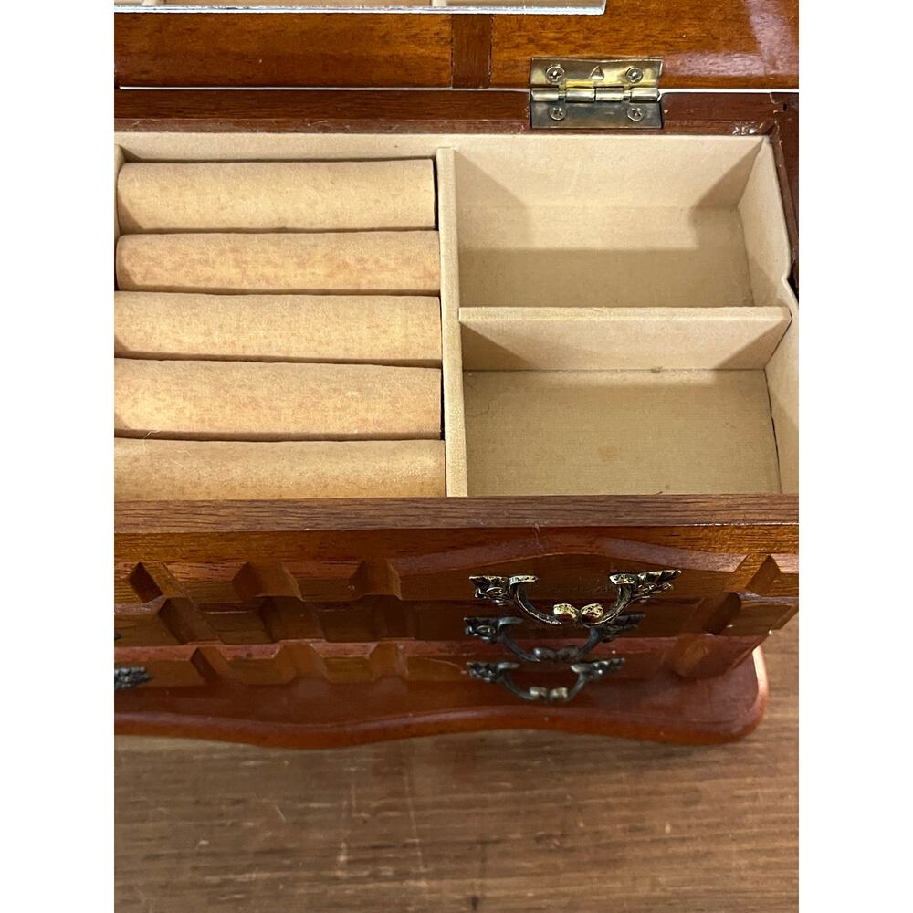 Vintage Wooden Jewelry Box Chest with Mirror 3 Drawers Felt Lined Ring Storage - Picture 7 of 16